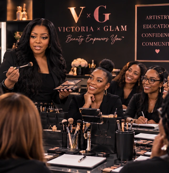 Students engaged during a Victoria × Glam makeup class