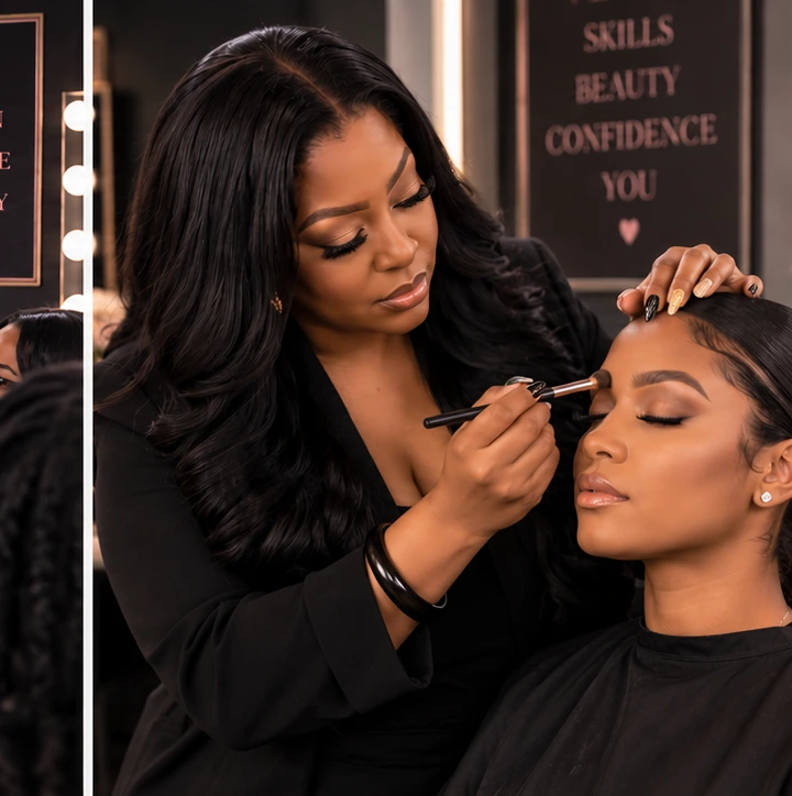 Victoria applying eyeshadow during a makeup demonstration